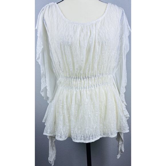 Free People Sz S June Ivory Batwing Sheer Lace Smocked Elasticized Flowy Top-REA - Picture 1 of 12